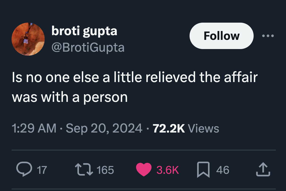 screenshot - broti gupta Is no one else a little relieved the affair was with a person Views 17165 46